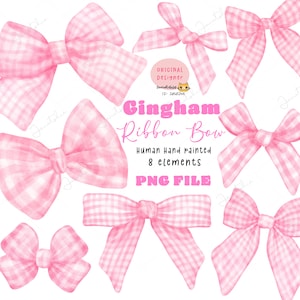 Coquette Pink Gingham Bow PNG Trendy Aesthetic checkered bow png Set di clipart ad acquerello dipinto a mano in stile preppy vintage