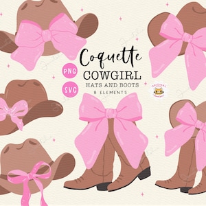 Botas y sombreros de vaquera coqueta SVG, botas de vaquero retro femeninas con lazo, clipart vintage del oeste, archivo de corte PNG dibujado a mano