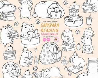 Capybara Reading Outline SVG PNG Clipart Set: Cozy Bookish Hand Drawn (30 Elements)