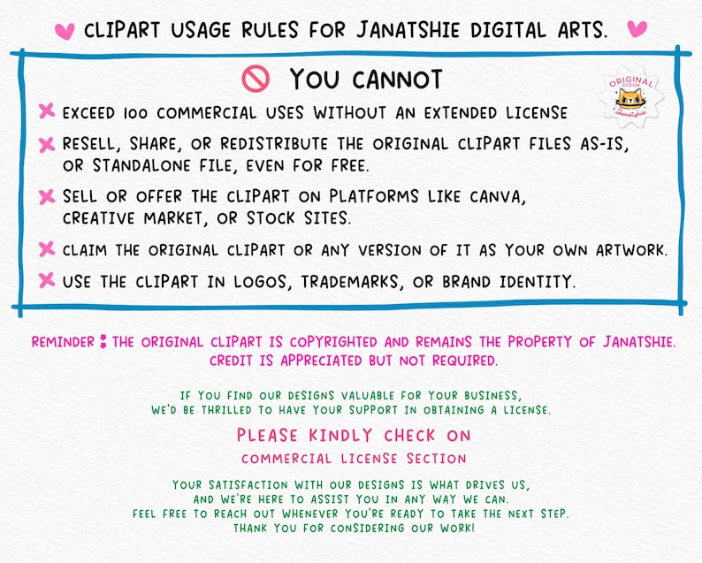 Op de afbeelding: Een document met regels voor het gebruik van digitale kunst met een lichte achtergrond en een blauwe rand. De tekst bevat regels over commercieel gebruik, wederverkoop en het aanbieden van clip art op platforms. Het document bevat ook een herinnering over copyright.