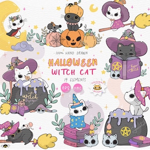 Clipart de gato lector de libros de Halloween vintage / Gato brujo retro / Conjunto de garabatos de gatitos mágicos de Halloween / Clipart de dibujos animados caprichosos PNG