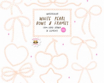 Watercolor Pearl Bow & Frame Clipart: Y2K Coquette PNG (Digital Download)