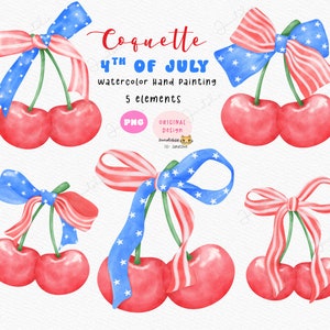 Lazo de cereza de Coquette America, conjunto de imágenes prediseñadas PNG de cerezas con lazo del 4 de julio, lazo de cinta de la independencia PNG de acuarela para niña suave de la era estadounidense