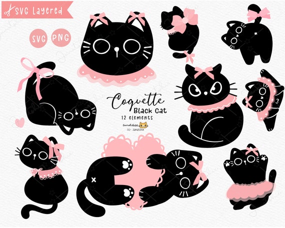 Coquette Black Cat Clipart: Girly Rococo Kitten Vector (PNG, SVG