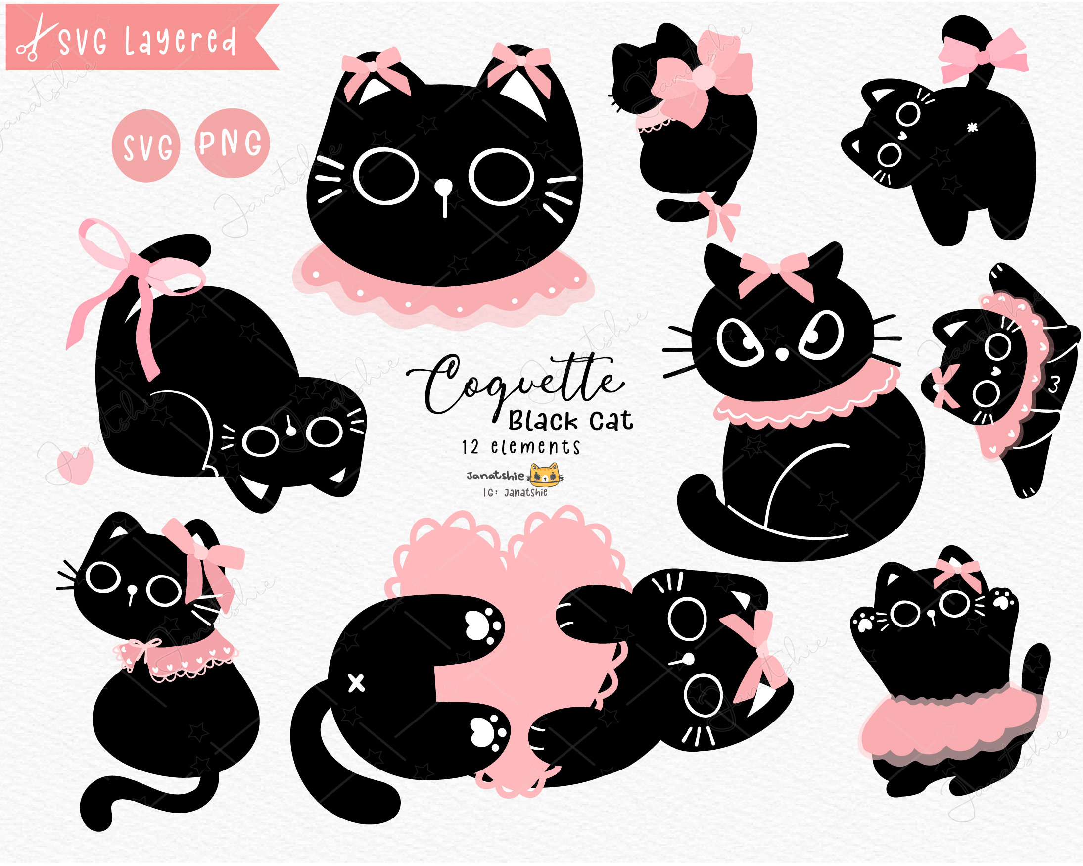 Coquette Black Cat Clipart: Girly Rococo Kitten Vector (PNG, SVG