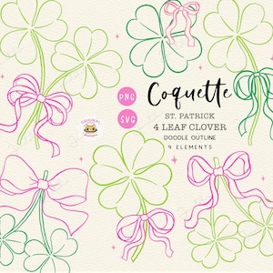San Patricio coqueto SVG, trébol de 4 hojas con lazo rosa, Lucky Vibe PNG, contorno dibujado a mano en negrita, gráfico de San Patricio de moda