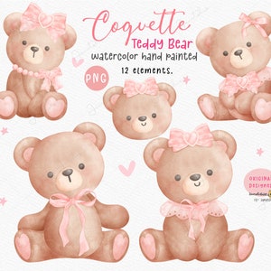 Coquette Teddy Bear PNG Orsetto estetico, orso con fiocco rosa acquerello clipart set, baby girl shower teddy bear png