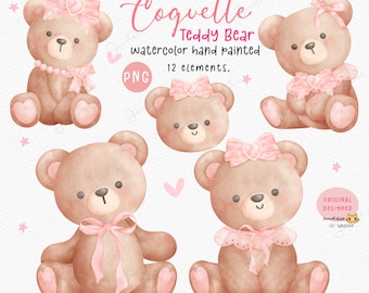Watercolor Teddy Bear Coquette Pink Bow PNG Clipart Set