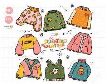Retro Sweater Weather Doodle Clipart: Autumn Hand-Drawn PNG EPS