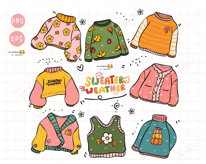 Retro Autumn Sweater Weather PNG EPS Clipart Set | Cozy Fall Doodle Hand Drawn Clip Art | Cute Retro Fall Fashion | Warm Autumn Illustration. 

Cozy up your designs with this Retro Autumn Sweater Weather Clipart Set — a hand-drawn collection of warm and whimsical fall illustrations perfect for celebrating your favorite season! Featuring doodles oversized sweaters.