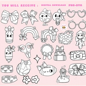 Coquette School svg Girl School Supplies digital colouring images Clipart Set Coquette Teacher Girly outline School bus, Pencil bow png svg