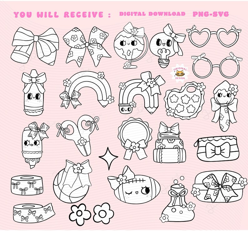 Coquette School svg Girl School Supplies digital colouring images Clipart Set Coquette Teacher Girly outline School bus, Pencil bow png svg
