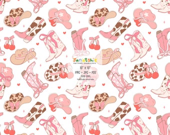 Coquette Cowgirl Boots & Hat Seamless Pattern: Girly Western Digital Paper (PNG, PDF, JPG)
