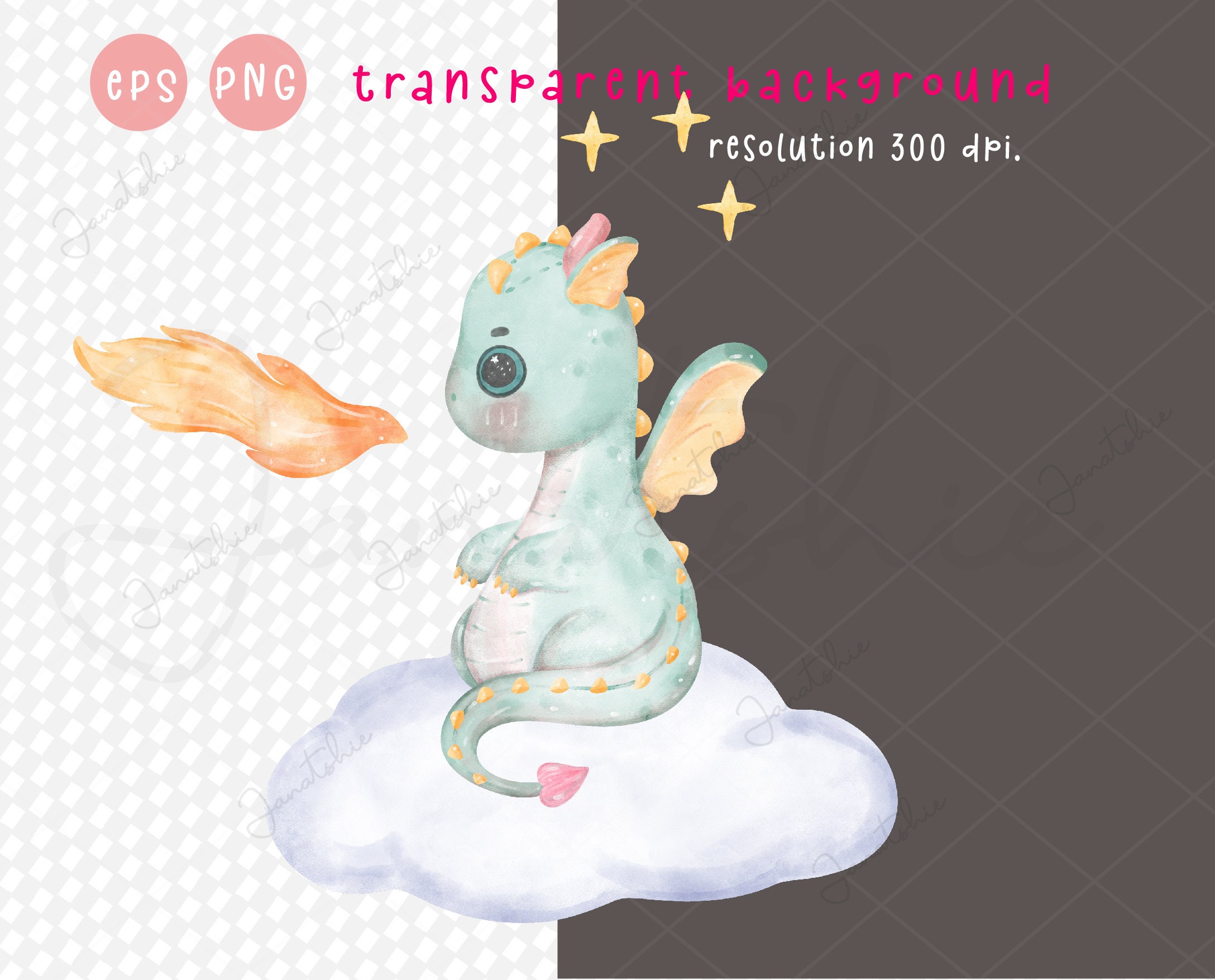 Baby Dragon Watercolor Clipart Set: Whimsical Nursery Art (PNG Digital ...