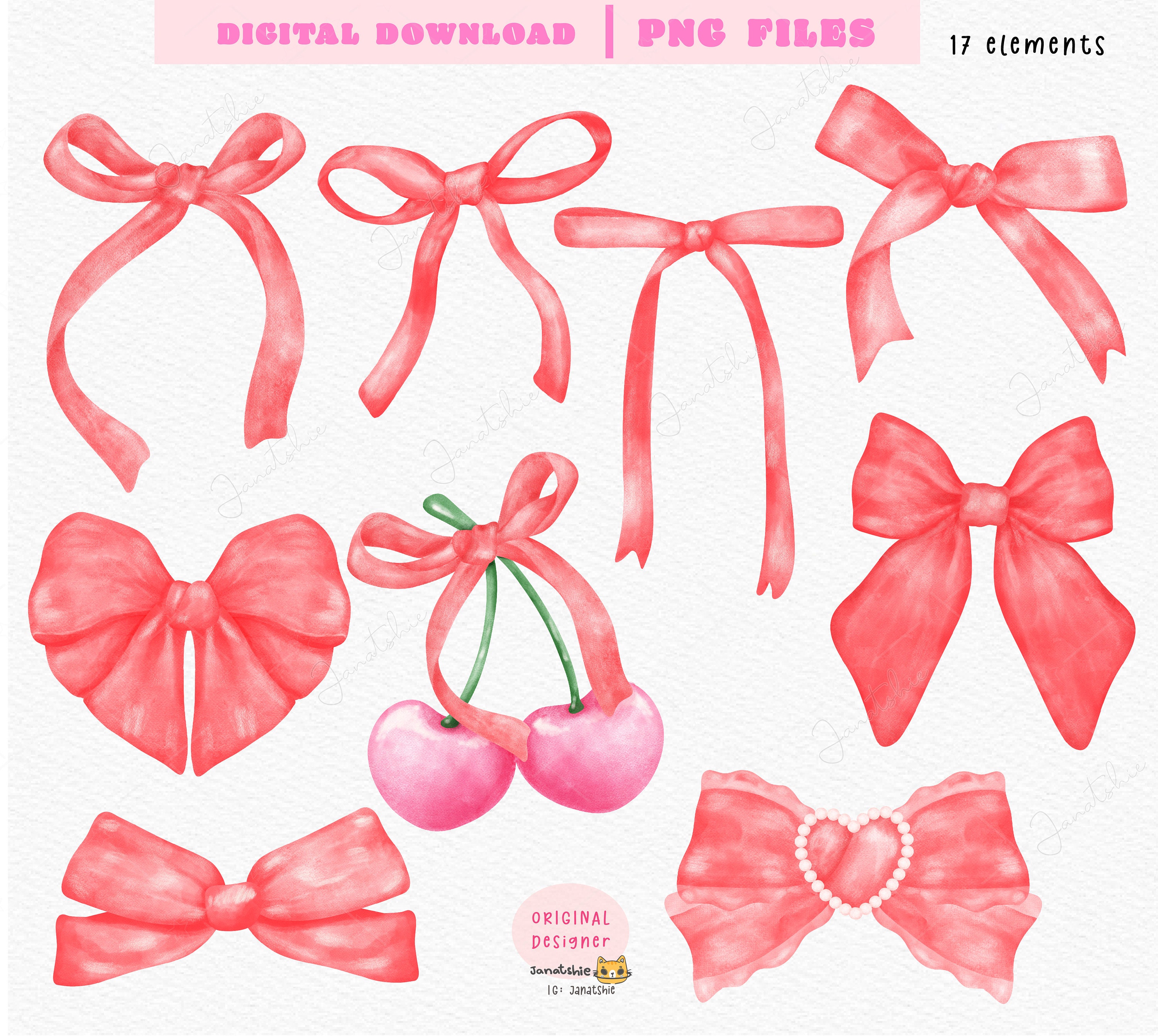 Red Coquette Ribbon Bow Watercolor PNG Set - Elegant and Charming ...