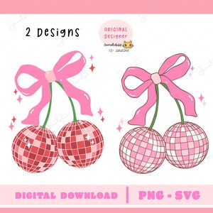 コケット ディスコ ボール svg ディスコ ボール チェリー svg リボン付きディスコ チェリー png グルーヴィーな 70 年代のトレンディなレトロアート 美的 y2k ウォールアート png