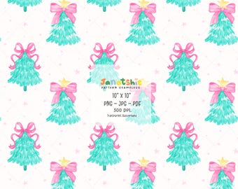 Coquette Christmas tree seamless pattern PNG, pink and mint watercolor holiday repeat with ribbon bows, transparent background