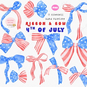 Conjunto de imágenes prediseñadas PNG de lazo de coqueta americana, lazo del 4 de julio, lazo de cinta de independencia, acuarela, clipart PNG, sublimación de la era americana de Soft Girl.