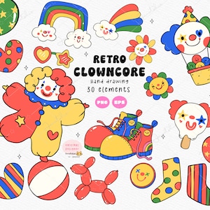 May include: A set of 30 retro clowncore illustrations featuring a variety of colorful characters, objects, and patterns. The illustrations include a clown juggling, a rainbow, a hot air balloon, a flower, and a pair of shoes. The illustrations are perfect for adding a touch of whimsy and fun to any project.