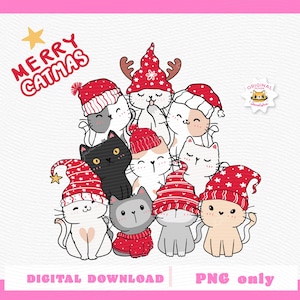 Clipart PNG di gatto di Natale divertente / Clipart di albero di gatto kawaii / Gattino carino con cappello di Babbo Natale / Design a sublimazione di Merry Catmas