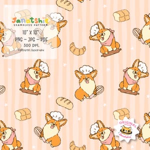 May include: Seamless pattern featuring cartoon corgi dogs dressed as bakers, with chef hats and pink scarves, rolling out dough. The design includes bread, croissants, and stars on a peach background. The pattern is 10" x 10" and is a PNG, JPG, or PDF file.