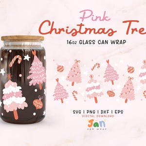 Pink Christmas Tree Glass Can Wrap Svg, festive libbey Wrap Svg,  Beer Can Glass Wrap Svg for 16oz Libbey Glass Cup, Christmas Libbey Wrap