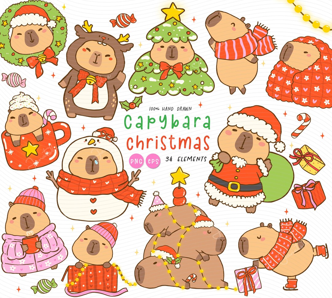 Christmas Capybara Clipart PNG EPS, Kawaii Holiday Animal, Sublimation ...