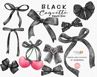Black Coquette Ribbon Bow Watercolor PNG Set (Digital Download)