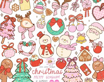 Preppy Coquette Christmas Clipart Set: Vibrant Gingham Bows Xmas Doodles (PNG, EPS)