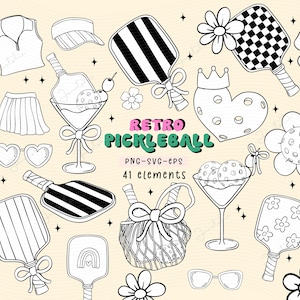 Retro Pickleball Outline SVG Coloring Images Clipart Set - Trendy Girl Social Club Pickleball PNG Lined Doodle Hand Drawing Set
