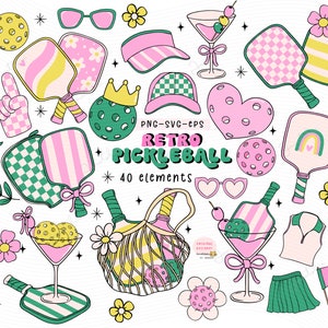 Retro Pickleball clipart set Trendy Pickleball svg Girl Social club pickle ball PNG