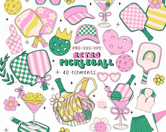 Retro Pink Pickleball SVG clipart set Trendy preppy Pickleball png 80s theme Girl Social club pickle ball PNG