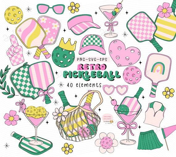 Retro Pink Pickleball Clipart Set:  preppy 80s theme Girl  (PNG, SVG, EPS)
