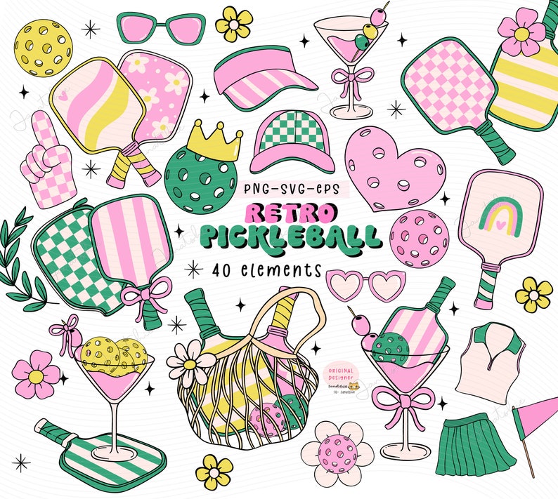 Retro Pickleball clipart set Trendy Pickleball svg Girl Social club pickle ball PNG