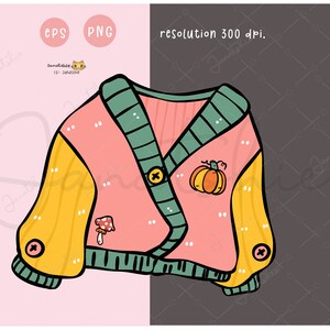 May include: A pink and yellow cardigan with a green collar and striped pattern. The cardigan has a pumpkin, mushroom, and button embellishments.