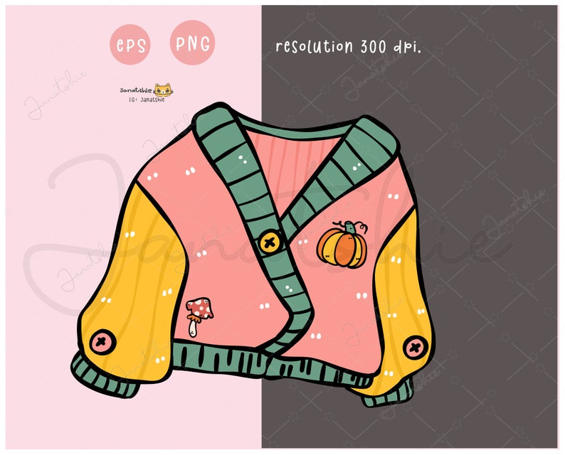 May include: A pink and yellow cardigan with a green collar and striped pattern. The cardigan has a pumpkin, mushroom, and button embellishments.
