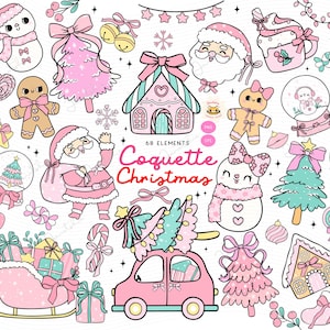 Kokietka Różowe Boże Narodzenie Preppy retro Boże Narodzenie png Clipart bundle Dziewczęca kokarda świąteczna, dziewczyna ze śniegu, różowy Mikołaj, dziewczyna z piernika choinkowego