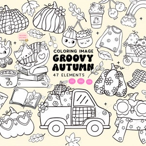 Retro herfst digitale stempel overzicht svg Groovy Fall kleurplaten svg Cosy Autumn Vibes Vintage Pumpkin Spice, Flower Hippie