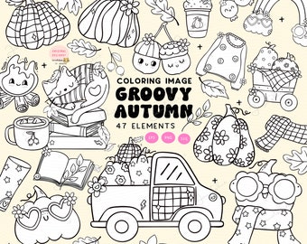 Retro Autumn Clipart Set: Groovy Fall Digital Stamps, Coloring Pages (PNG, SVG, EPS)