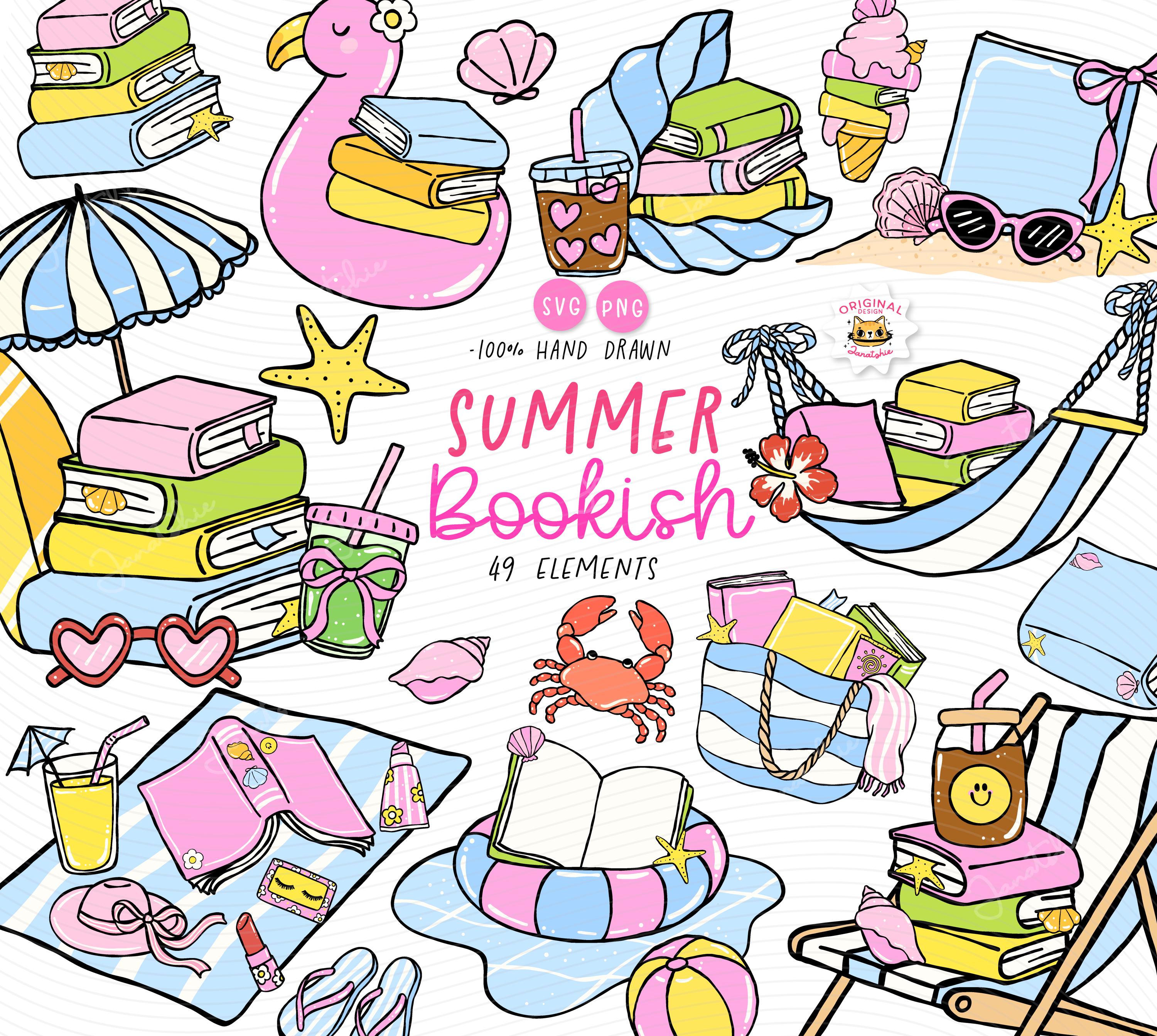 Summer Bookish Clipart: Retro Summer Reading Girly PNG SVG Set - Etsy
