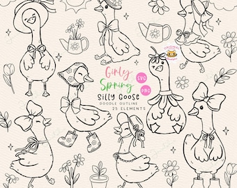 Vintage Silly Goose Outline Clipart: Cottagecore Coquette PNG SVG (Digital Download)