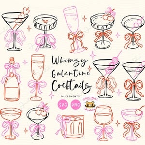 Cocktail retrò Arte Galentine Coquette Cocktail con fiocco di nastro Matrimonio stravagante Contorno disegnato a mano SVG PNG Fiocco per bicchiere da Martini e Champagne