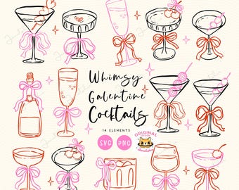 Coquette Cocktail Outline Doodle Hand Drawn Clipart: Girly Nostalgia Drinks Martini & Champagne (SVG, PNG)