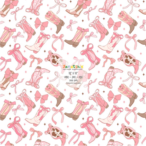 Coquette cowgirl boots pattern seamless, Western Soft girl Pattern Girly Cowboy printable seamless repeat pattern Digital paper.