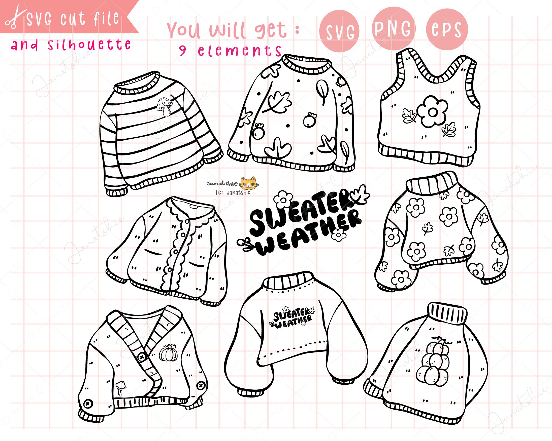 Cute Sweater Weather Autumn Outline SVG Doodle Hand Drawing Clipart Set ...