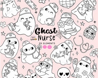 Groovy Halloween Ghost Nurse Outline Clipart: Retro Coloring Image and Digital stamp (PNG, SVG)