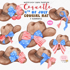 Coquette America 4. Juli Cowboyhut Aquarell png,Patriotischer Hut mit Schleife, Landmädchen png, Western Aesthetic Png, Coquette Cowgirl Hut