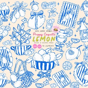 Puede incluir: Una colección de ilustraciones de limones azules y blancos dibujadas a mano. La imagen incluye limones, bebidas y elementos decorativos. El texto de la imagen dice "Preppy Coquette Lemon" y "100% Hand Drawn".
