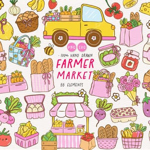 Słodka kokietka Farmers Market PNG SVG Dziewczęca Świeża Rolnicza Produkt Clipart & Kup Lokalny Ręcznie Rysowana Torba Rolnika, Warzywa Owocowe Market png