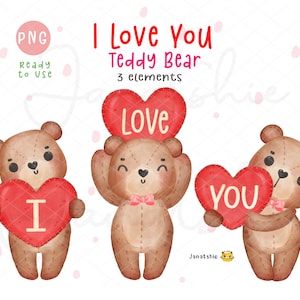 Watercolor Teddy Bear Clipart: Valentine&#39;s Day I Love You PNG (Digital Download)